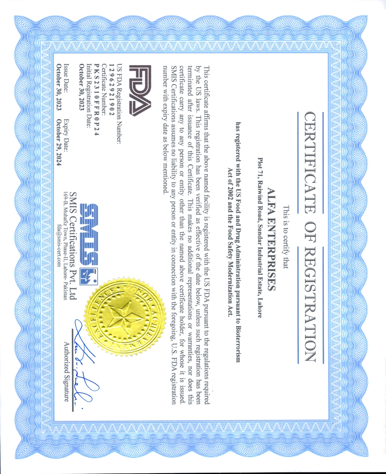 Certificate Alfa Enterprises
